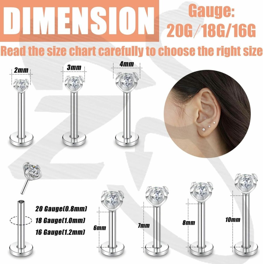 ZS Body Piercing Studs | Zs 9Pcs 16G/18G/20G Threadless Push In Lip Labret Nose Studs, Stainless Steel Piercing Jewelry For Conch Medusa Piercing, Cz Forward Helix Tragus Earring For Women Men