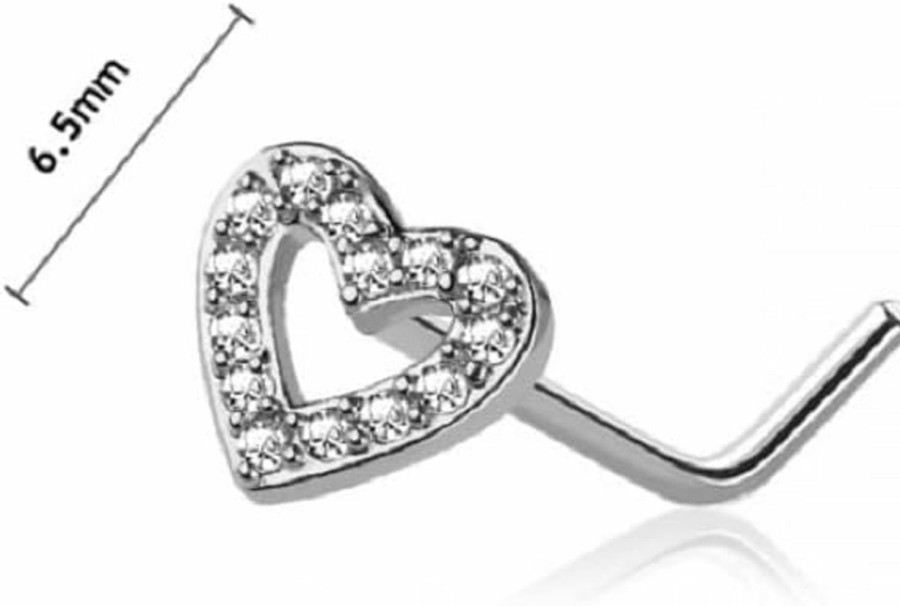 Pierced Owl Body Piercing Studs | Pierced Owl 20Ga 316L Stainless Steel Cz Crystal Paved Heart Outline Top L-Bend Nose Stud