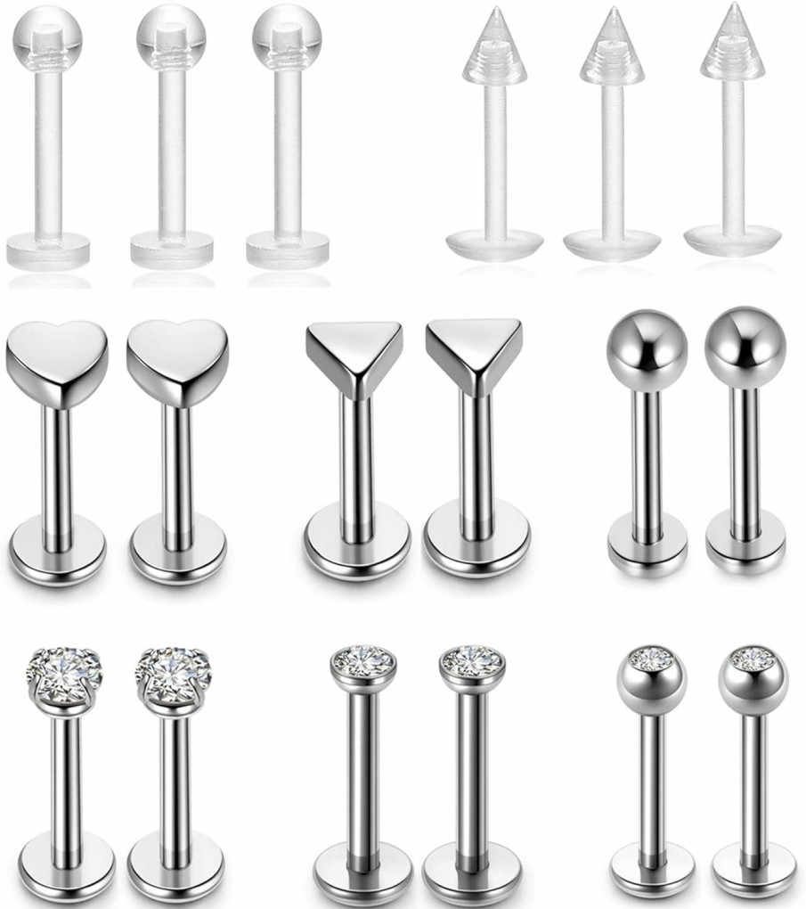 PiercingJ Body Piercing Studs | Piercingj Tragus Earrings 16G Stainless Steel Tragus Stud Earrings For Women Grils Cz Barbell Body Piercing Jewelry 18Pcs