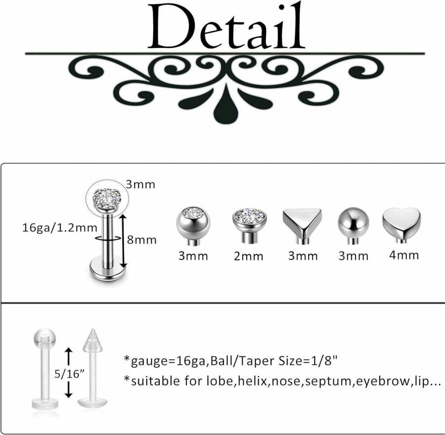 PiercingJ Body Piercing Studs | Piercingj Tragus Earrings 16G Stainless Steel Tragus Stud Earrings For Women Grils Cz Barbell Body Piercing Jewelry 18Pcs