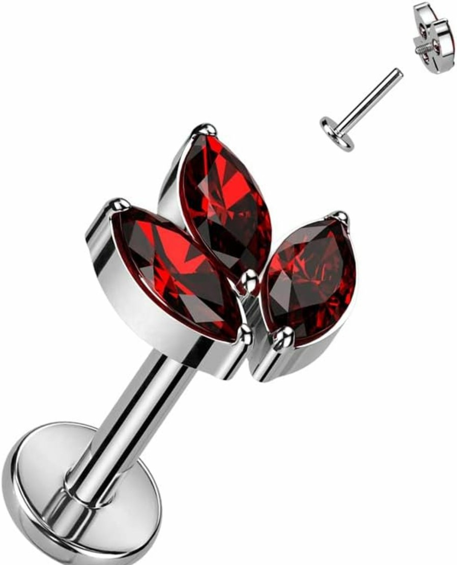 Dynamique Galerie Body Piercing Studs | Dynamique Implant Grade Titanium Internally Threaded Labret With 3 Marquise Cz Leaf Top (Sold Per Piece)