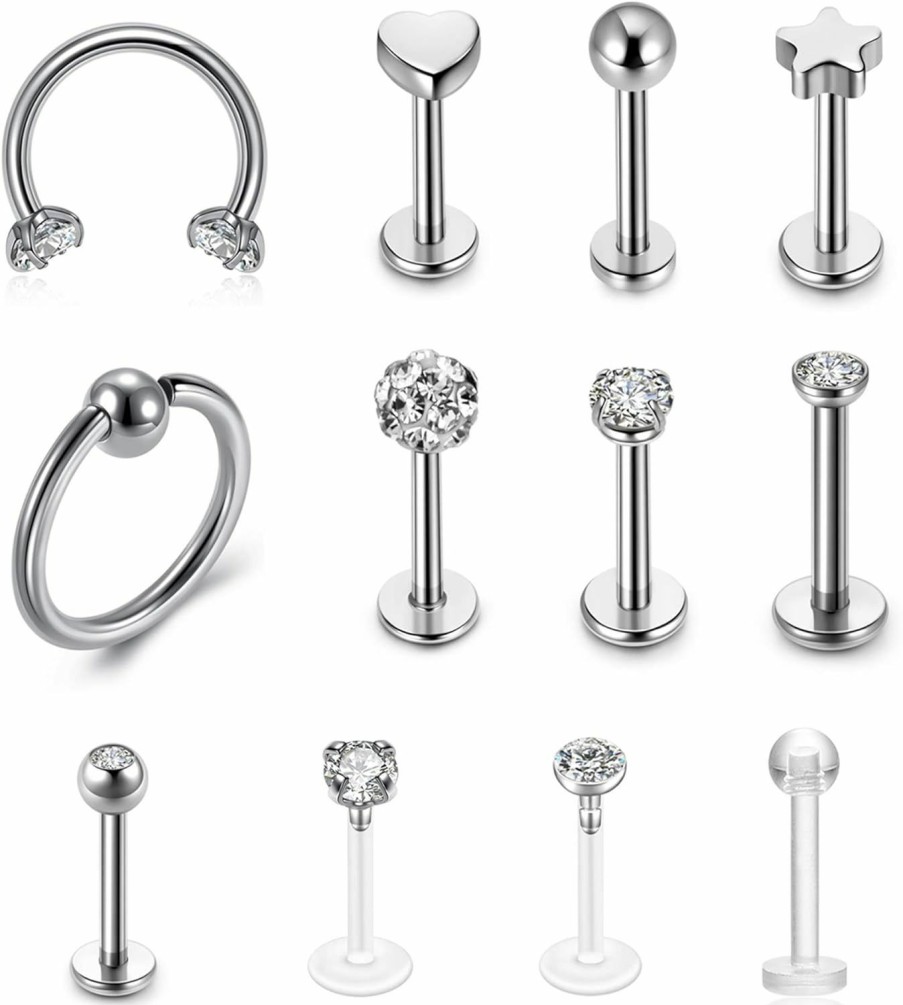 PiercingJ Body Piercing Studs | Piercingj 16G Stainless Steel Helix Cartilage Tragus Stud Earring Hoops For Women Grils Cz Barbell Piercing Earrings Stud Set 12Pcs