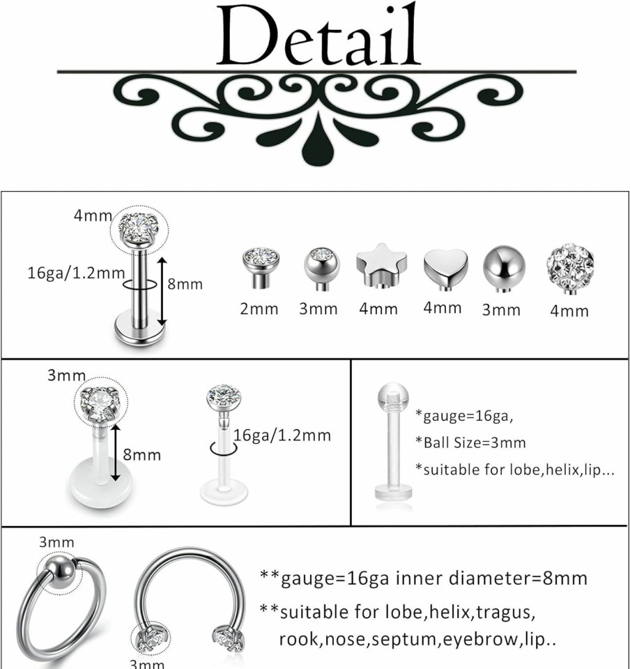 PiercingJ Body Piercing Studs | Piercingj 16G Stainless Steel Helix Cartilage Tragus Stud Earring Hoops For Women Grils Cz Barbell Piercing Earrings Stud Set 12Pcs