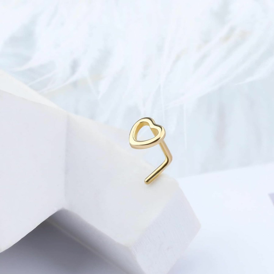 Melighting Body Piercing Studs | Meiighting 14K Gold Nose Rings 20G Star Nose Stud L Shaped Heart Nose Piercing Jewelry For Women Men Real Gold Body Piercing Jewelry Woman