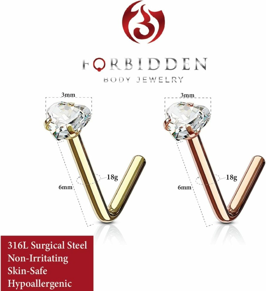 Forbidden Body Jewelry Body Piercing Studs | Forbidden Body Jewelry Heart Nose Ring, Heart Nose Stud, L Nose Rings, Heart Nose Rings, 18G 6Mm Surgical Steel L Shaped Nose Ring With 3Mm Heart Cz Crystal