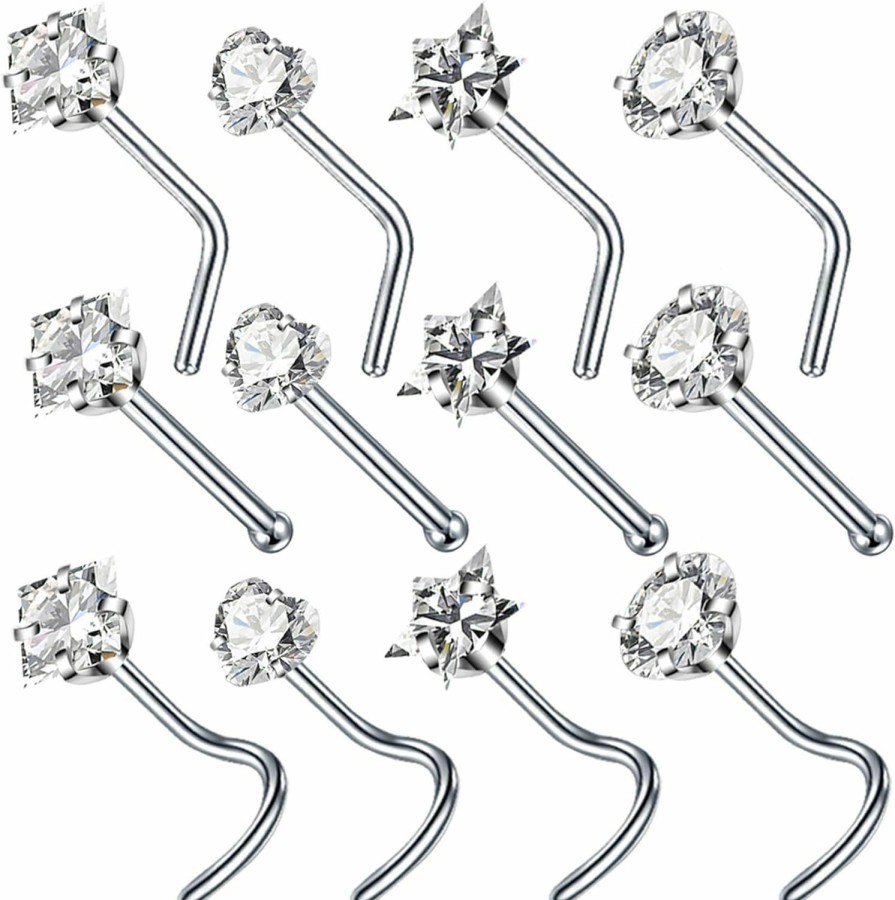 SOVSEFD Body Piercing Studs | Sovsefd 12 Pcs 20 Gauge Stainless Steel Nose Rings Studs L Crook Bone Shaped Crook Nose Fake Septum Rings Body Piercing Jewelry 3Mm Diamond Cz Nose Stud L Bend For Women Men Girl Piercing