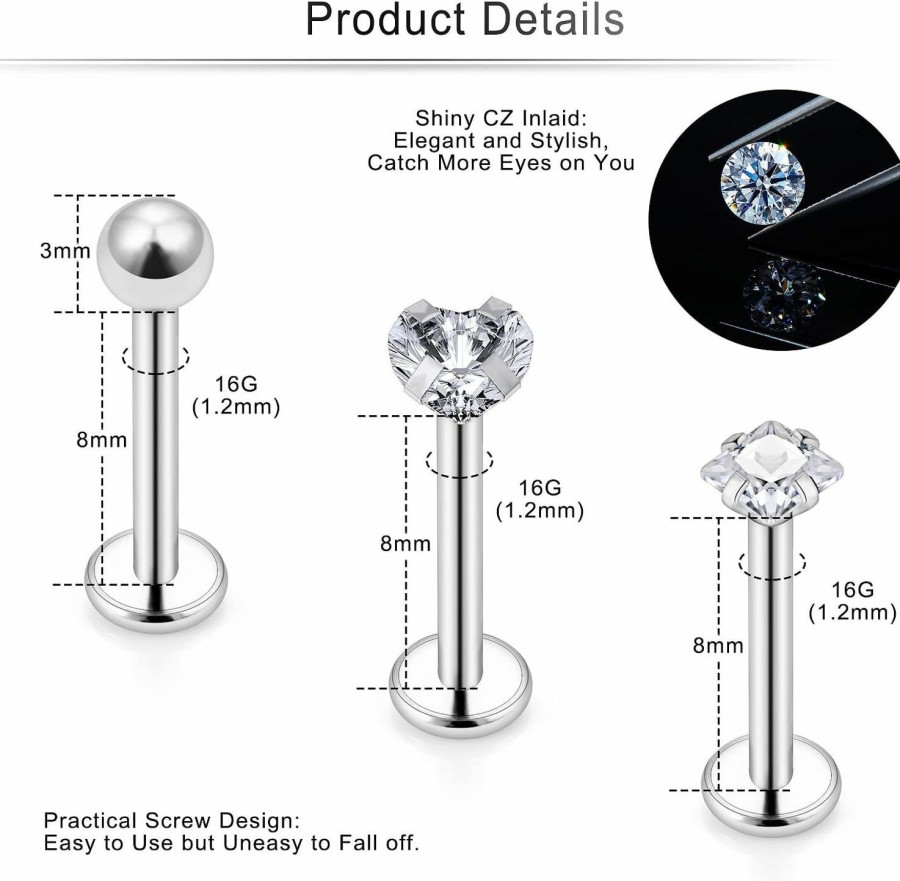 Cisyozi Body Piercing Studs | Cisyozi 16G Threadless Push In Lip Labret Monroe Medusa Rings Studs 316L Surgical Steel Plastic Cartilage Tragus Helix Conch Ear Earring Body Piercing Jewelry For Women Men 8Mm