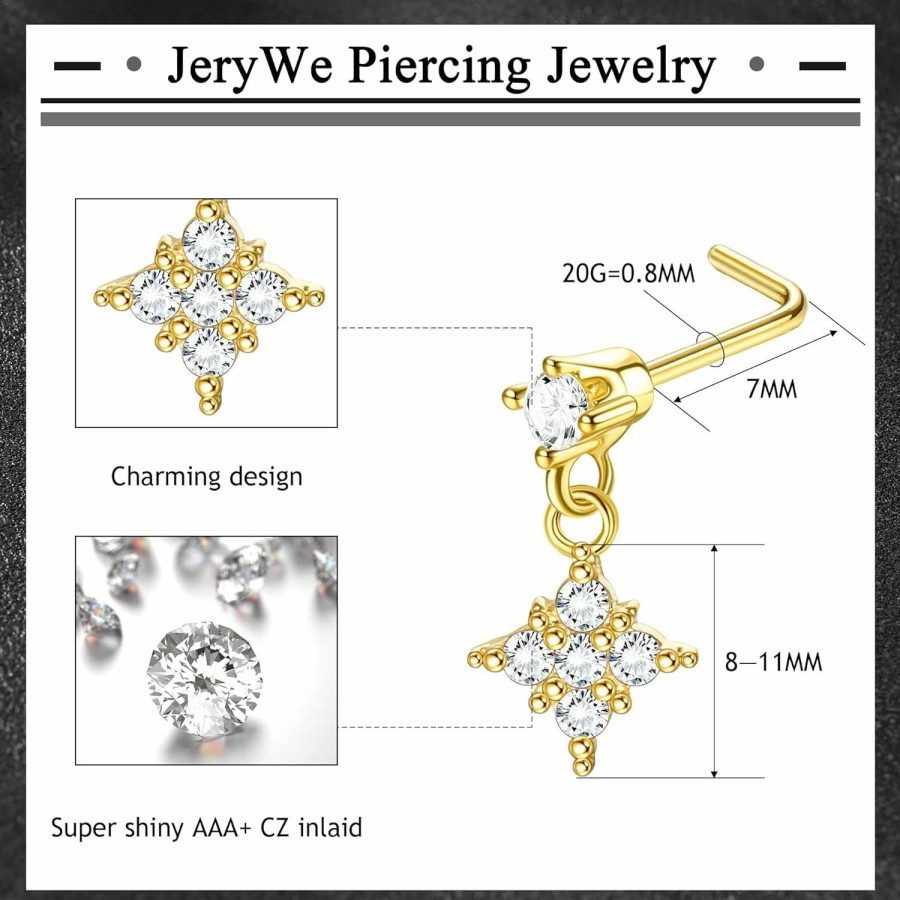 JeryWe Body Piercing Studs | Jerywe 9Pcs 20G Nose Studs Surgical Stainless Steel Nose Rings Studs For Women Men Dangling Heart Butterfly Cz Nose Rings Stud L Shaped Nose Nostrial Piercing Jewelry