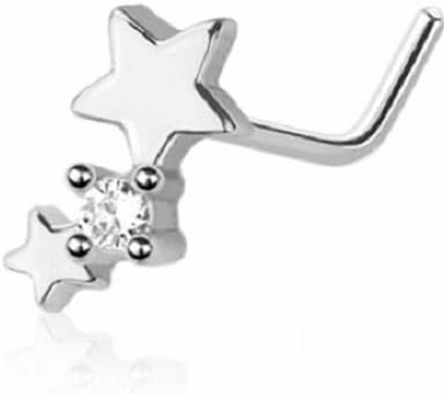 Pierced Owl Body Piercing Studs | Pierced Owl 20Ga 316L Stainless Steel Double Star With Center Gem L-Bend Nose Stud