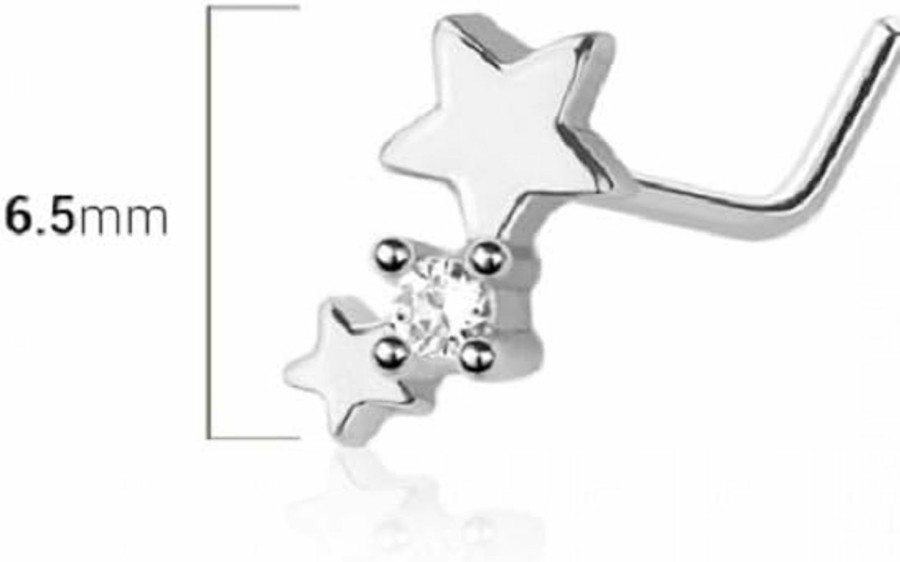 Pierced Owl Body Piercing Studs | Pierced Owl 20Ga 316L Stainless Steel Double Star With Center Gem L-Bend Nose Stud