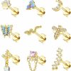 FUNRUN JEWELRY Body Piercing Studs | Funrun Jewelry 9Pcs 16G Cartilage Earrings Stud For Women 316L Stainless Steel Flat Back Earrings Cz Butterfly Flower Cartilage Tragus Earrings Helix Conch Piercing Jewelry