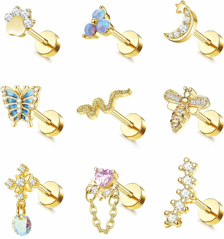 FUNRUN JEWELRY Body Piercing Studs | Funrun Jewelry 9Pcs 16G Cartilage Earrings Stud For Women 316L Stainless Steel Flat Back Earrings Cz Butterfly Flower Cartilage Tragus Earrings Helix Conch Piercing Jewelry