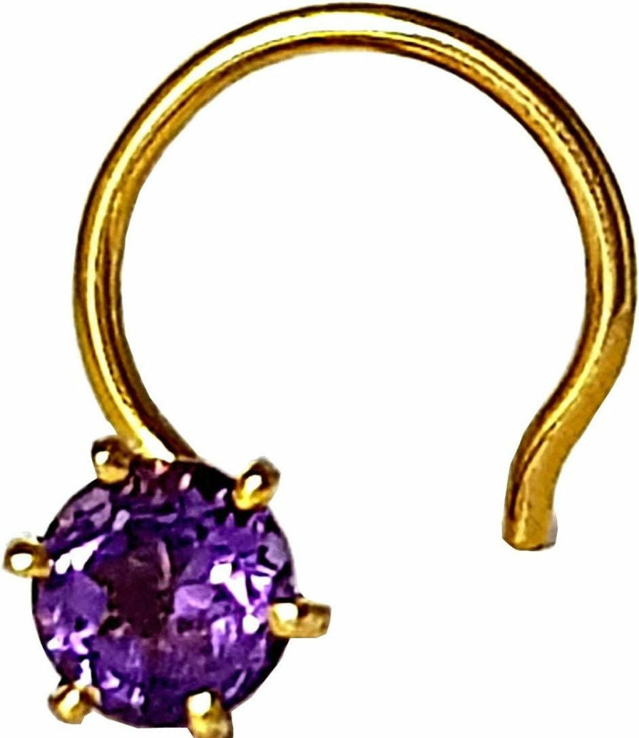 DIWANI Body Piercing Studs | Diwani 14K Gold 4.0Mm Natural Amethyst Gemstone Engagement Wedding Nose Piercing Ring Stud Pin (0.230 Cents, Color- Purple) 20 Gauge Thick 5.0Mm Length Spiral Wire Post