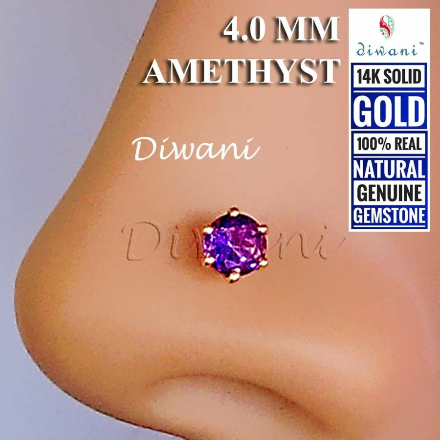 DIWANI Body Piercing Studs | Diwani 14K Gold 4.0Mm Natural Amethyst Gemstone Engagement Wedding Nose Piercing Ring Stud Pin (0.230 Cents, Color- Purple) 20 Gauge Thick 5.0Mm Length Spiral Wire Post