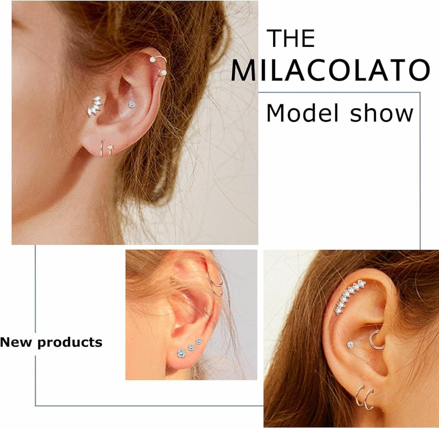 MILACOLATO Body Piercing Studs | Milacolato Cartilage Earring 11Pcs 16G 18G Stainless Steel Cartilage Earrings Stud Hoops Conch Forward Helix Earrings Tragus Daith Piercing Cz Barbell Stud Cartilage Piercing Jewelry For Women Girls