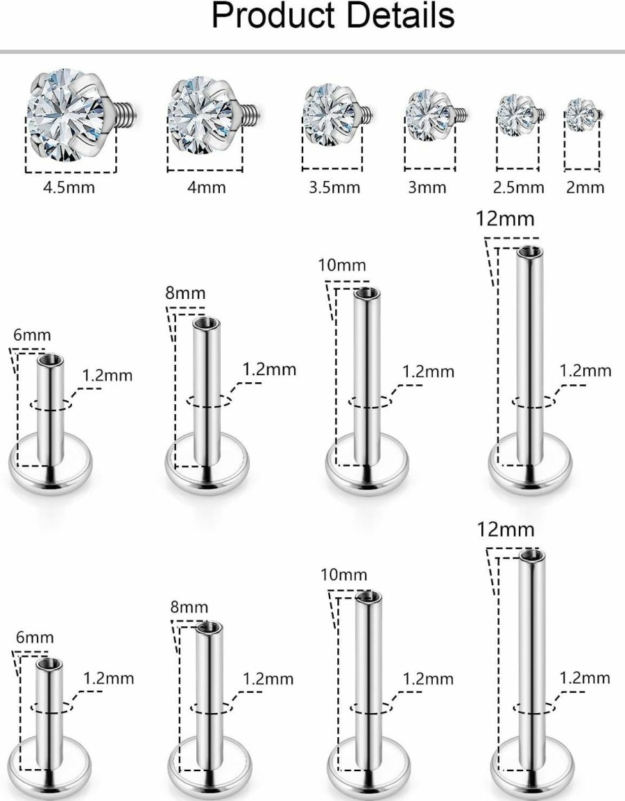 Lcolyoli Body Piercing Studs | Lcolyoli Medusa Piercing Jewelry Stainless Steel Labret Jewelry Monroe Lip Rings Different Size Tragus Nail Conch Cartilage Helix Earring Stud Bar Length 6Mm 8Mm 10Mm 12Mm