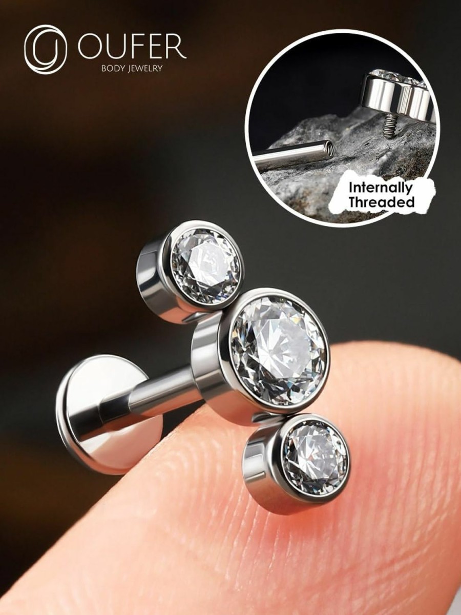 OUFER Body Piercing Studs | Oufer Lip Studs, Titanium Internally Threaded Lip Rings 16G, Sparkling Cz Flat Back Labret Jewelry Helix Cartilage Conch Tragus Lobe Earrings