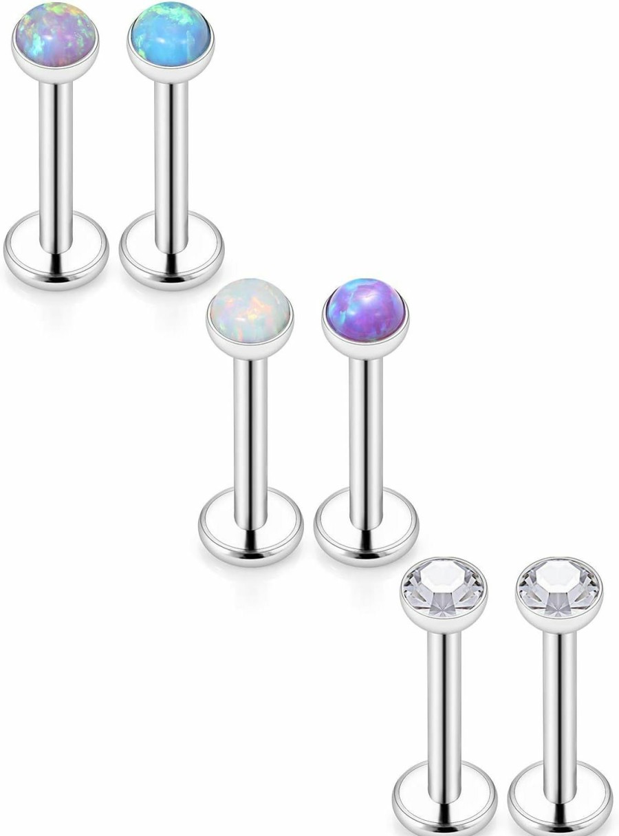 Yaalozei Body Piercing Studs | Yaalozei 16G Opal Tragus Cartilage Helix Earrings Piercing Jewelry 316L Surgical Steel Flat Back Lip Labret Monroe Medusa Rings Studs Internally Threaded 6Mm 8Mm 10Mm Bars