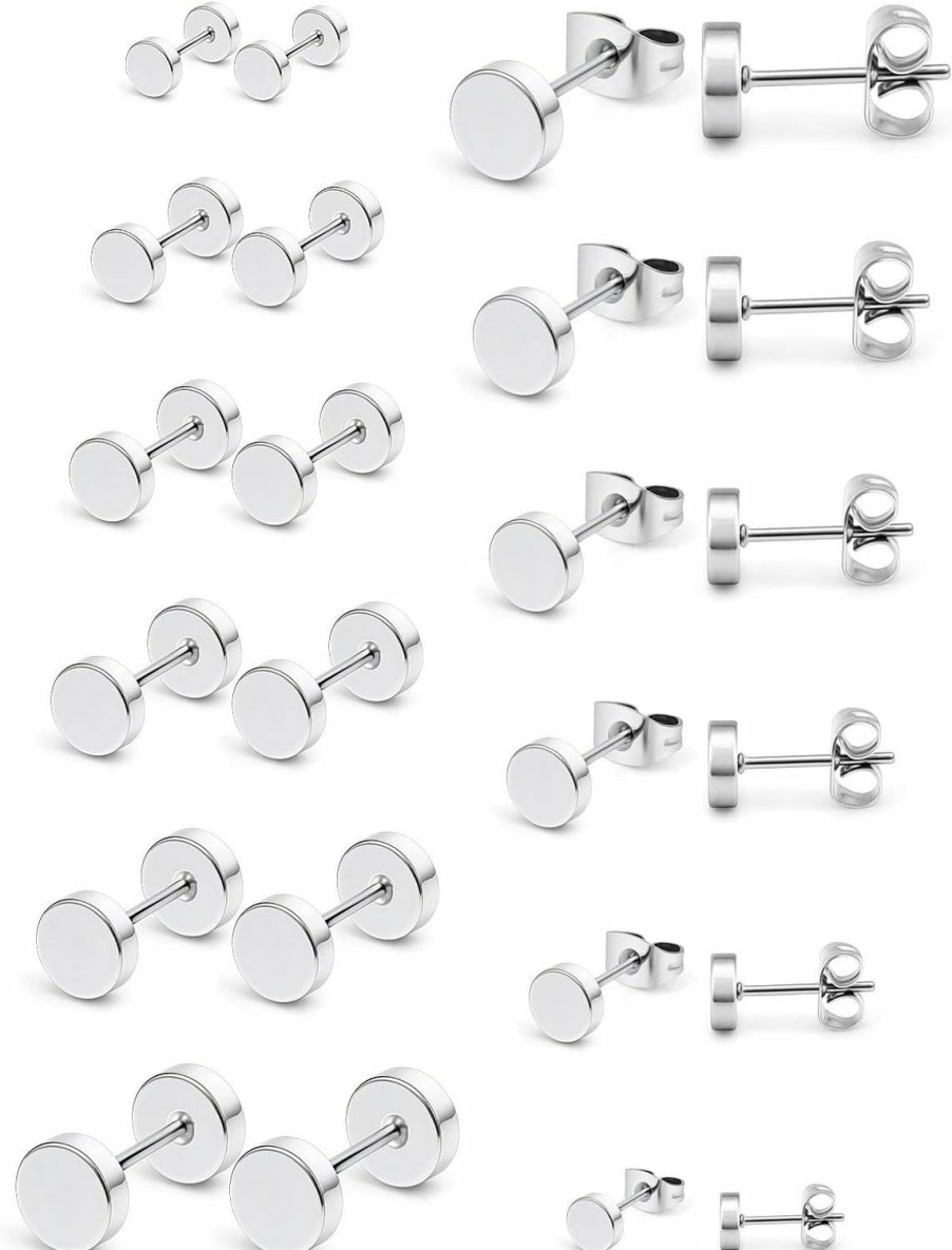 Ftovosyo Body Piercing Studs | Ftovosyo 12 Pairs Black Stud Earrings For Men Stainless Steel Round Disc Faux Gauges Ear Studs For Women Girls 3Mm-8Mm