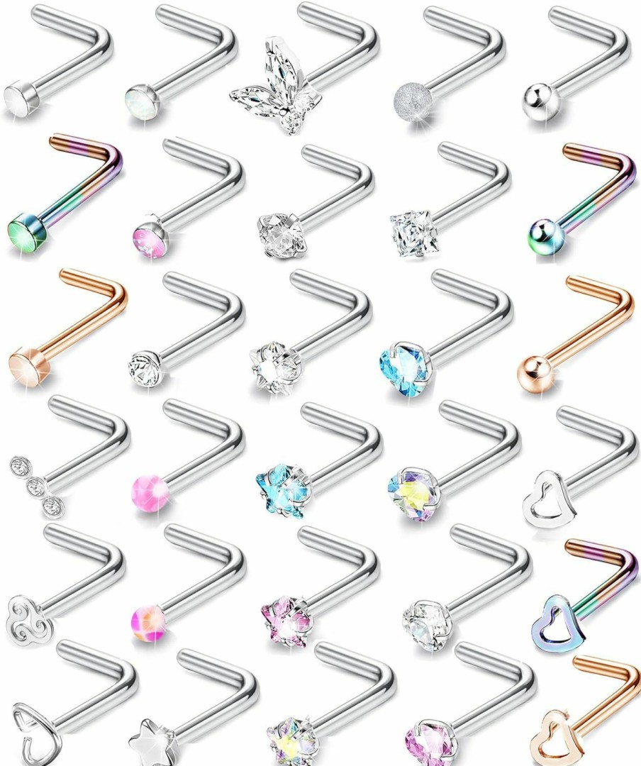 Jstyle Body Piercing Studs | Jstyle Hypoallergenic Nose Rings 30Pcs 18G 20G Surgical Stainless Steel Nose Ring Studs Heart Opal Cz Straight L Shaped Screw Nose Rings Labret Nose Piercing Jewelry For Women Men