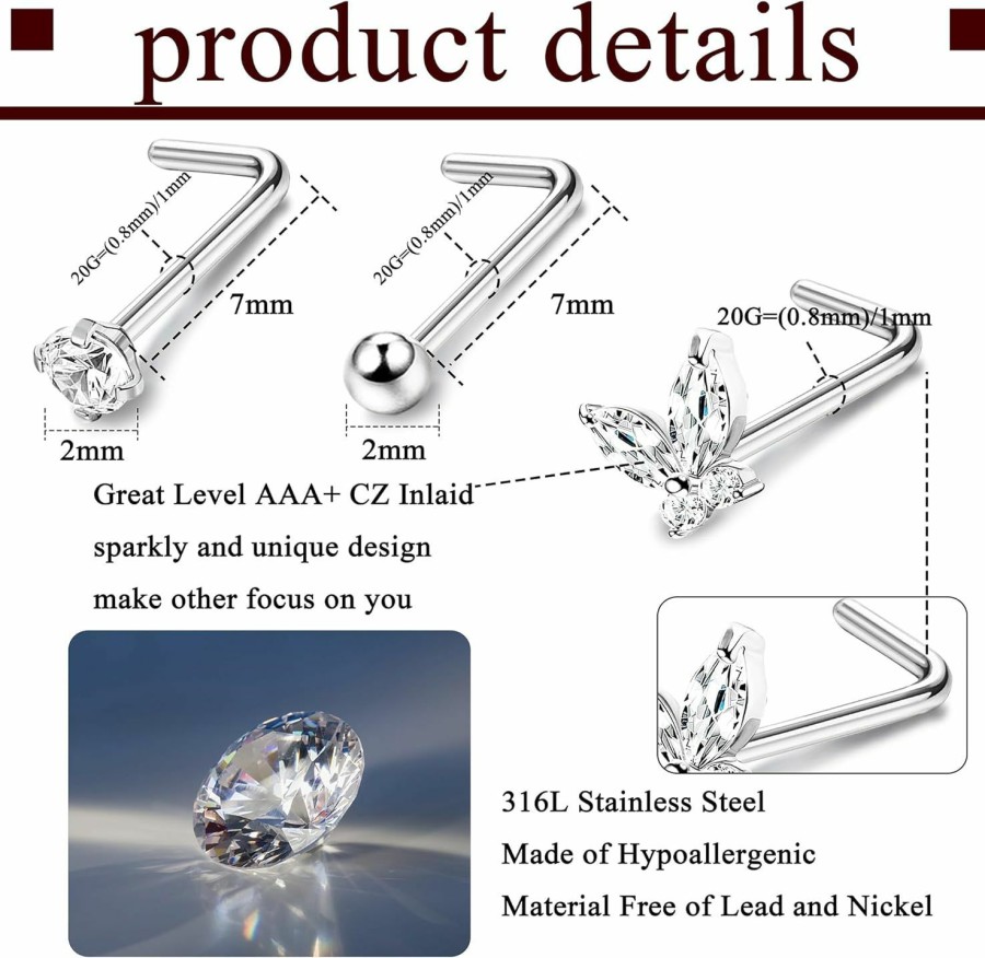 Jstyle Body Piercing Studs | Jstyle Hypoallergenic Nose Rings 30Pcs 18G 20G Surgical Stainless Steel Nose Ring Studs Heart Opal Cz Straight L Shaped Screw Nose Rings Labret Nose Piercing Jewelry For Women Men