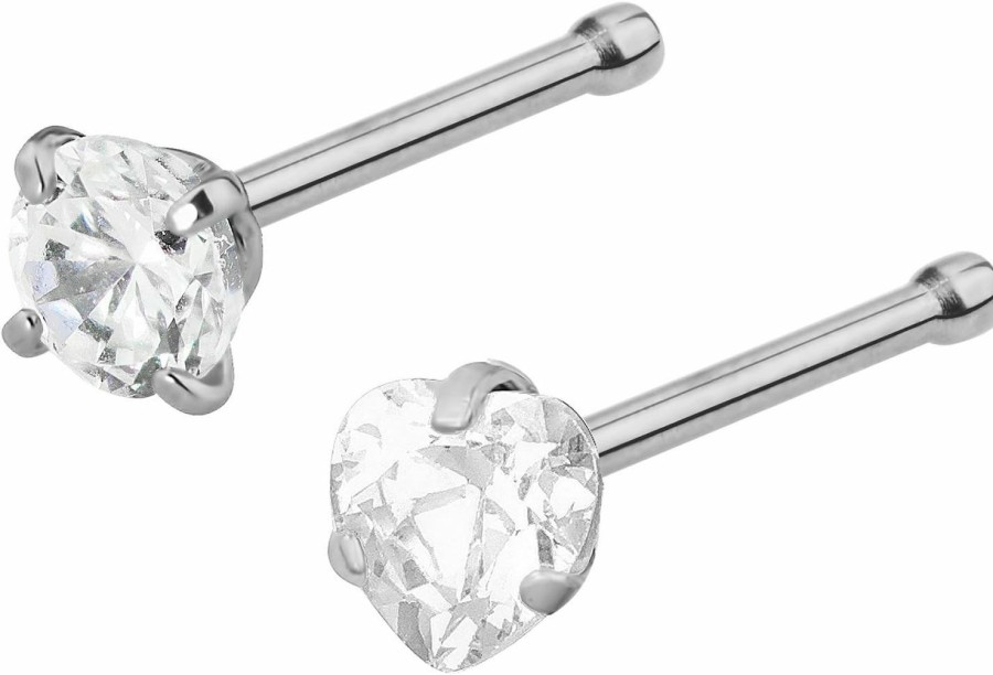 Forbidden Body Jewelry Body Piercing Studs | Forbidden Body Jewelry Set Of 2 Straight Nose Studs: 20G Surgical Steel Round & Heart Shaped Clear Cz Crystal Nose Rings