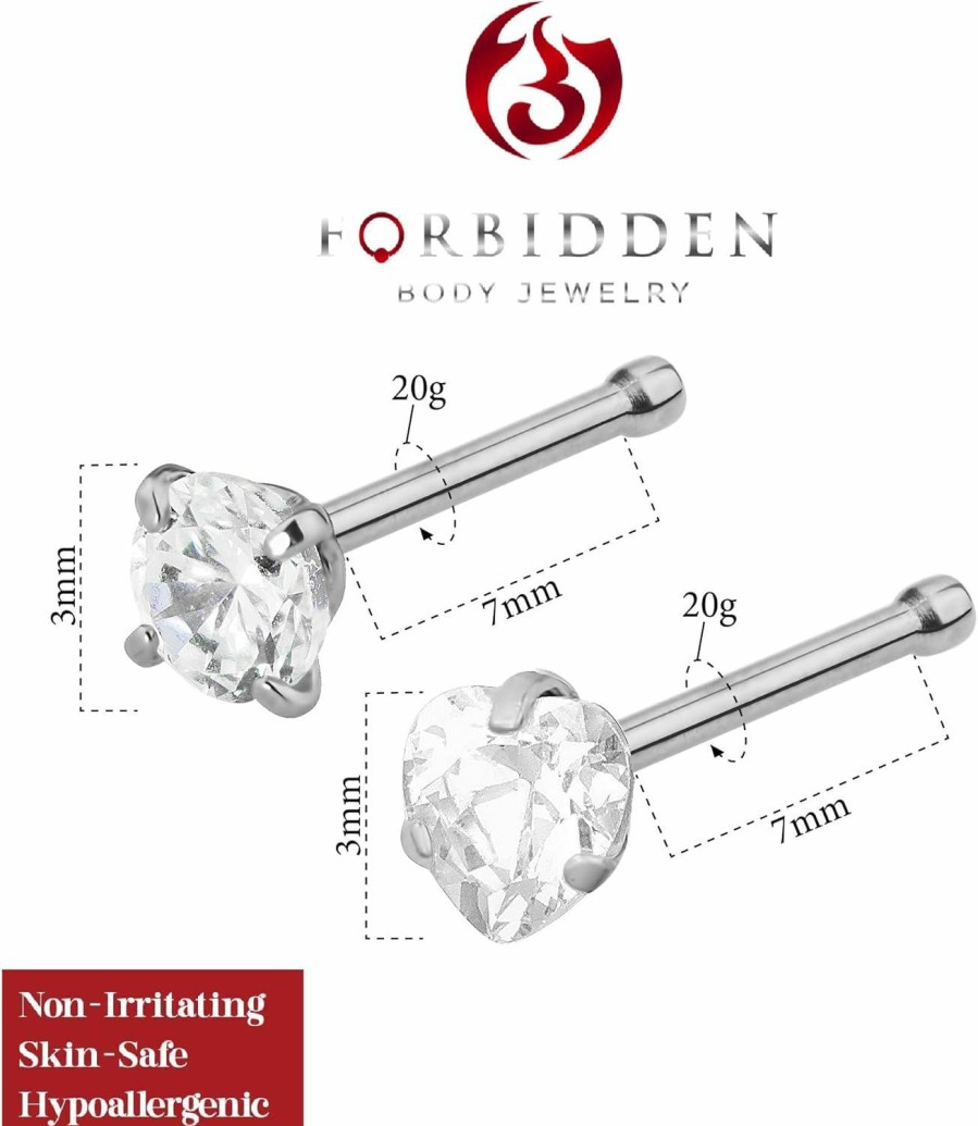 Forbidden Body Jewelry Body Piercing Studs | Forbidden Body Jewelry Set Of 2 Straight Nose Studs: 20G Surgical Steel Round & Heart Shaped Clear Cz Crystal Nose Rings