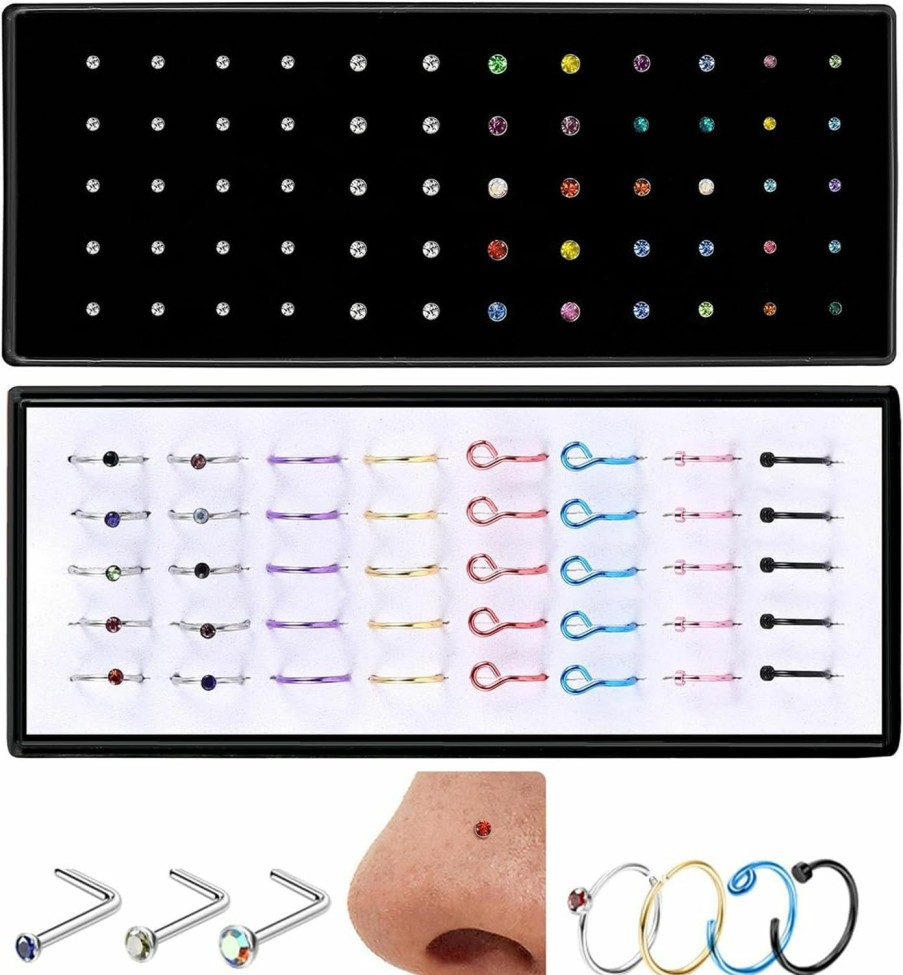 ZZHDCC Body Piercing Studs | Zzhdcc Nose Rings Studs Hoops,Straight/L Shaped Nose Studs,100Pcs 20G Surgical Stainless Steel Nose Rings Set For Women Men, 1.5/2.0/2.5Mm Cz Size Cute Nose Bone Studs Nose Piercing Jewelry For Gift