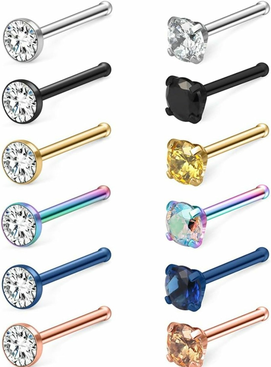 Ruifan Body Piercing Studs | Ruifan 12-20Pcs 18G Mix Color Stainless Steel Clear Diamond Cz Ball Flat Nose Bone Studs Rings Pin Piercing Jewelry 1.5Mm 2Mm 2.5Mm 3Mm