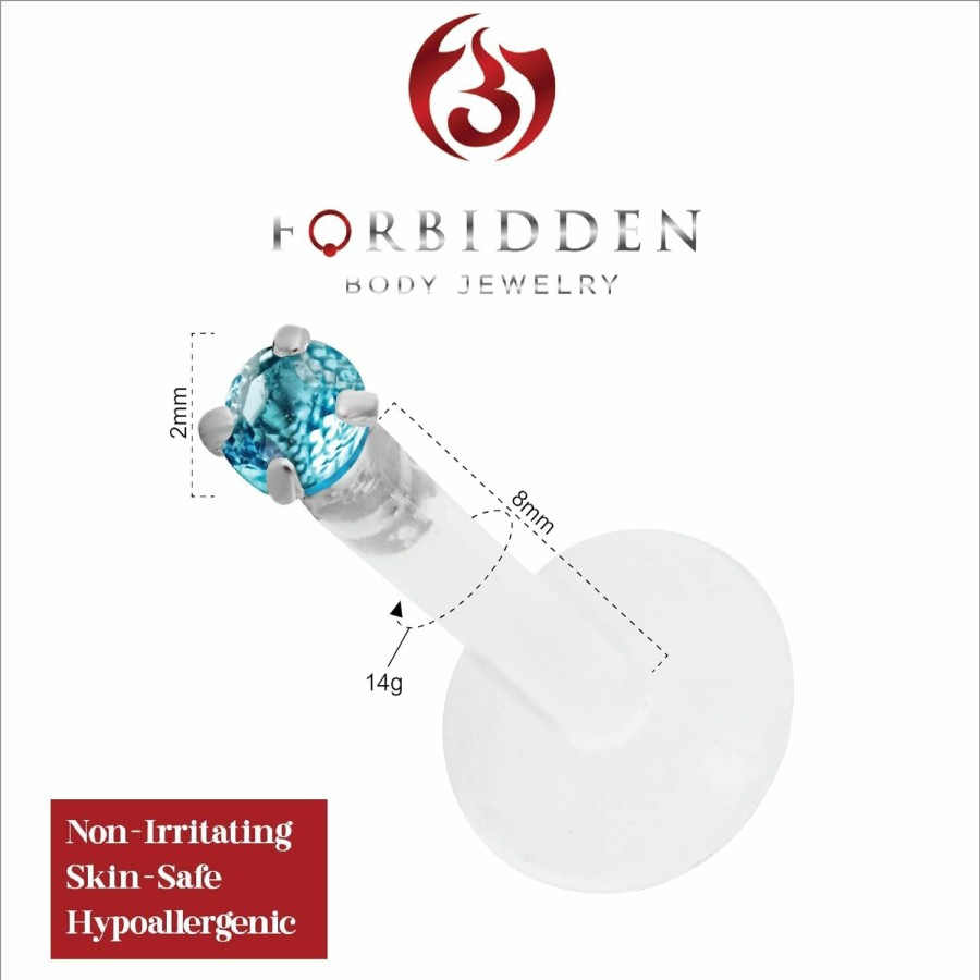 Forbidden Body Jewelry Body Piercing Studs | Forbidden Body Jewelry 14G 8Mm Bioflex Tragus Earring, Helix Earring And Labret Piercing Stud, 2Mm Light Blue Cz Crystal