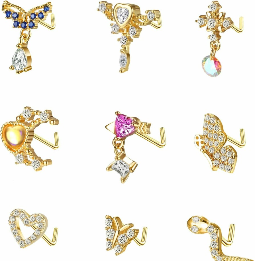 Dochais Body Piercing Studs | Dochais 9Pcs Nose Rings Nose Studs For Women L Shaped Dangle Nose Rings 20G Nose Rings Studs Surgical Stainless Steel Nose Studs Dangling Butterfly Heart Cz Nose Piercing Jewelry