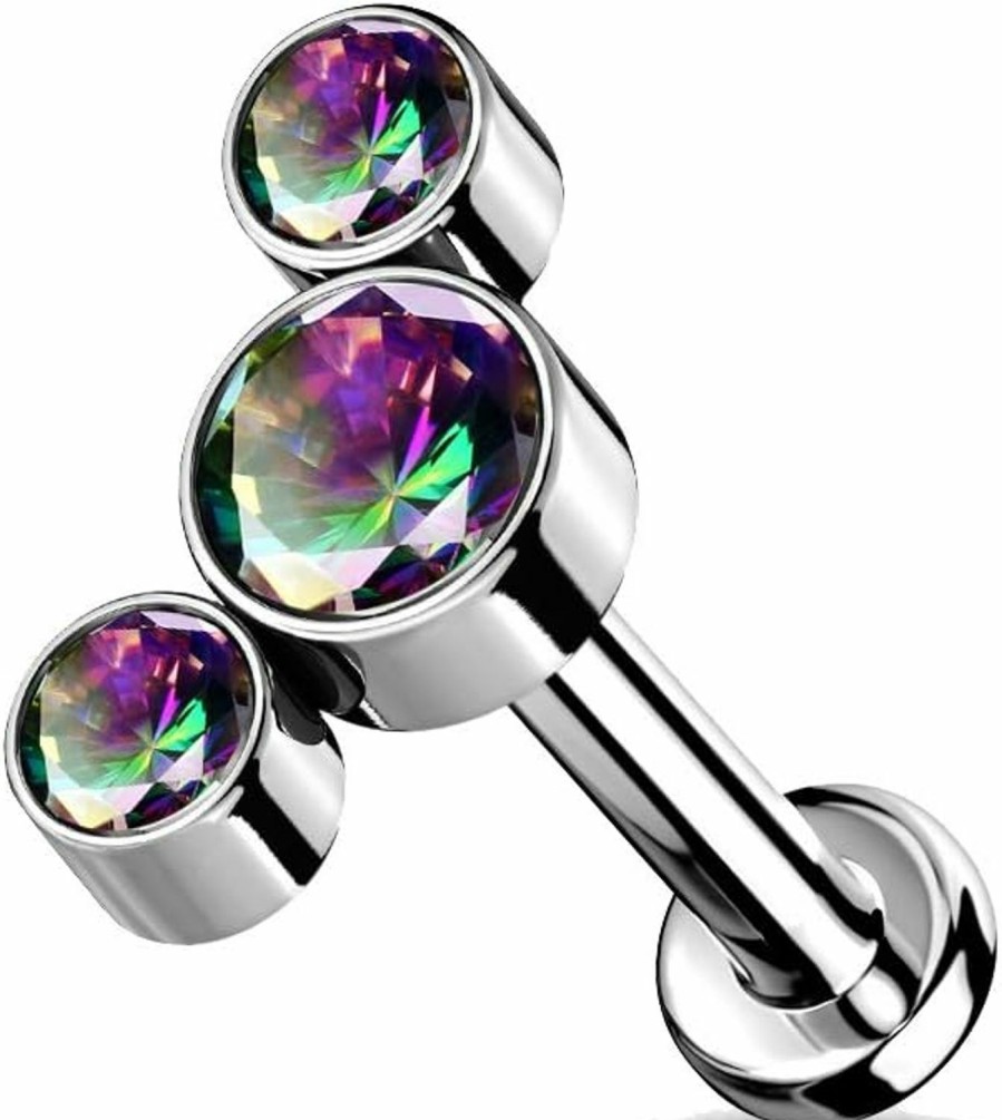 Dynamique Galerie Body Piercing Studs | Dynamique Implant Grade Titanium Threadless Push In Labret With 3 Round Bezel Set Cz Curved Top (Sold Per Piece)