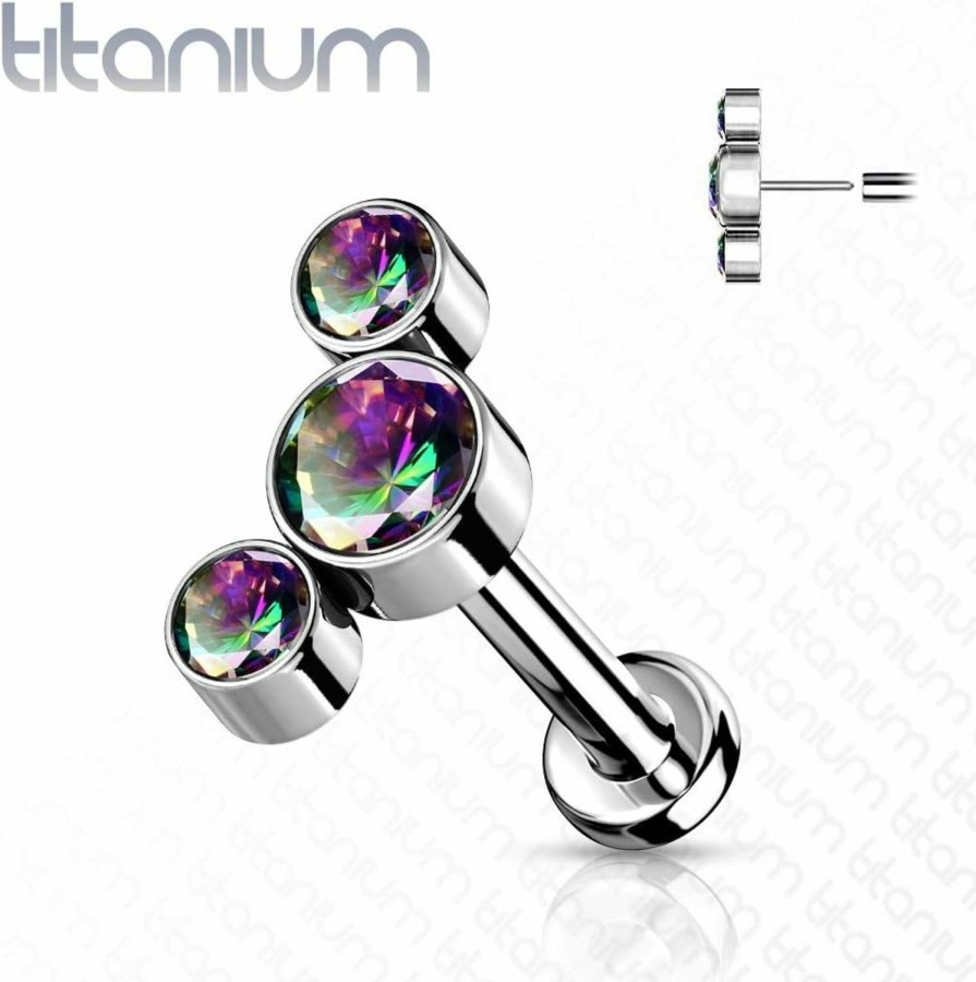 Dynamique Galerie Body Piercing Studs | Dynamique Implant Grade Titanium Threadless Push In Labret With 3 Round Bezel Set Cz Curved Top (Sold Per Piece)