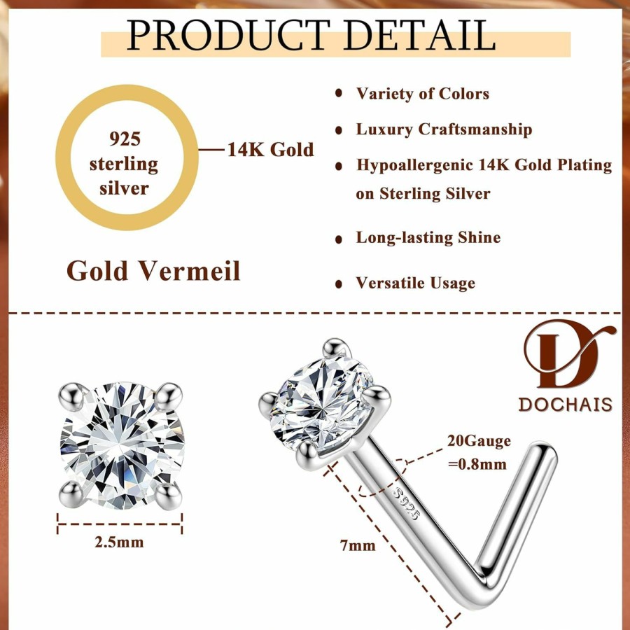 Dochais Body Piercing Studs | Dochais 14K Gold Filled Sterling Silver L Shaped Nose Rings 20G Nose Studs Clear Colorful Diamond Cz Nose Ring Studs Hypoallergenic Nose Piercings Birthstone Jewerly For Women Men Gold Silver