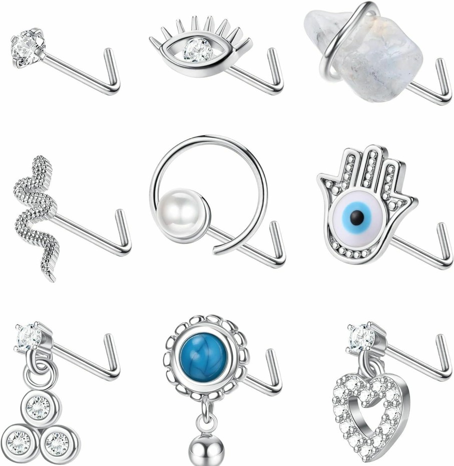 ORAZIO Body Piercing Studs | Orazio 9Pcs Dangle Nose Rings 20G Nose Ring Stud For Women Stainless Steel L Shaped Nose Rings Heart Snake Evil Eye Nose Studs Dangling Nose Piercing Jewelry