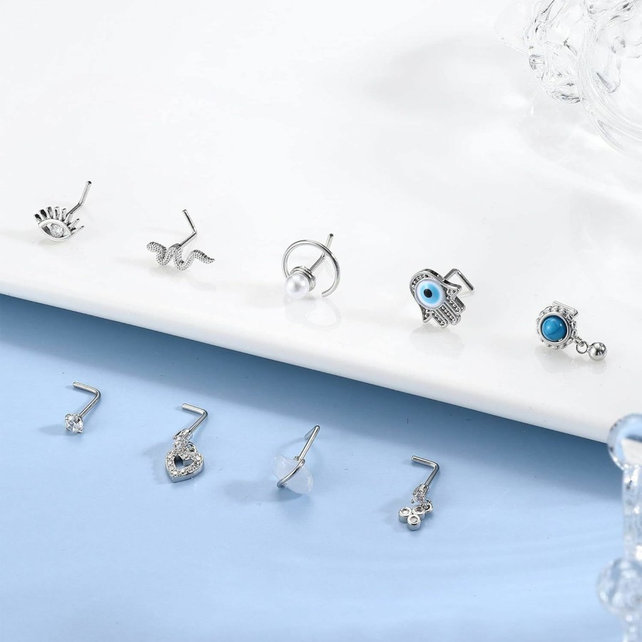 ORAZIO Body Piercing Studs | Orazio 9Pcs Dangle Nose Rings 20G Nose Ring Stud For Women Stainless Steel L Shaped Nose Rings Heart Snake Evil Eye Nose Studs Dangling Nose Piercing Jewelry