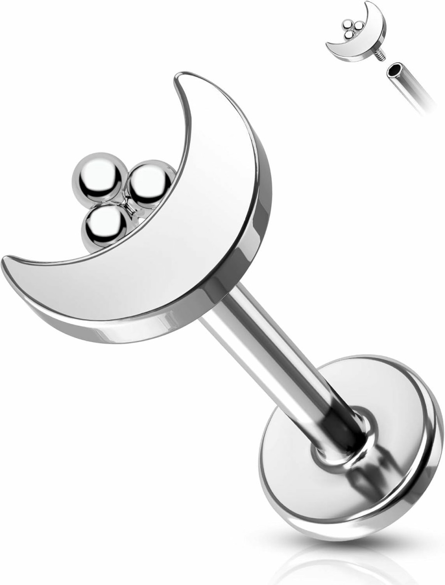 Agrewd Body Piercing Studs | Agrewd Minimalist Moon G23 Solid Titanium Cartilage Earrings Stud 16G 8Mm Internally Threaded Helix Tragus Earrings Flat Back Monroe Medusa Piercing Jewelry