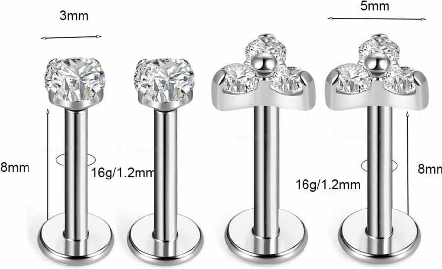 BelezaDosas Body Piercing Studs | Belezadosas G23 Titanium Labret Studs Threadless 16G Lip Rook Lobe Tragus Helix Cartilage Push Back Earring Piercing Jewelry