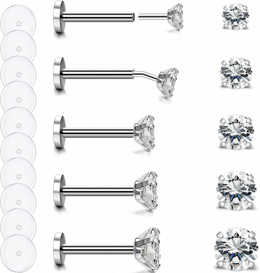 ZS Body Piercing Studs | Zs 16G 18G 20G Threadless Push In Nose Studs Rings For Women, 5 Pairs Stainless Steel Lip Labret Rings Medusa Tragus Piercings Jewelry Diamond Cz 2-6Mm