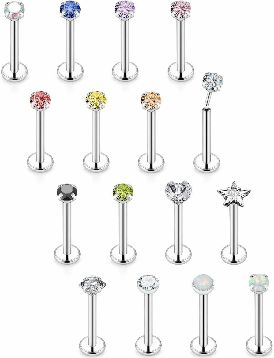 Vsnnsns Body Piercing Studs | Vsnnsns 20G 18G 16G Push In Lip Rings Stainless Surgical Steel Labret Jewelry Monroe Lip Rings Nail Cartilage Tragus Helix Earrings Studs Nose Ring Medusa Piercing Jewelry For Women Men Opal Cz 16Pcs