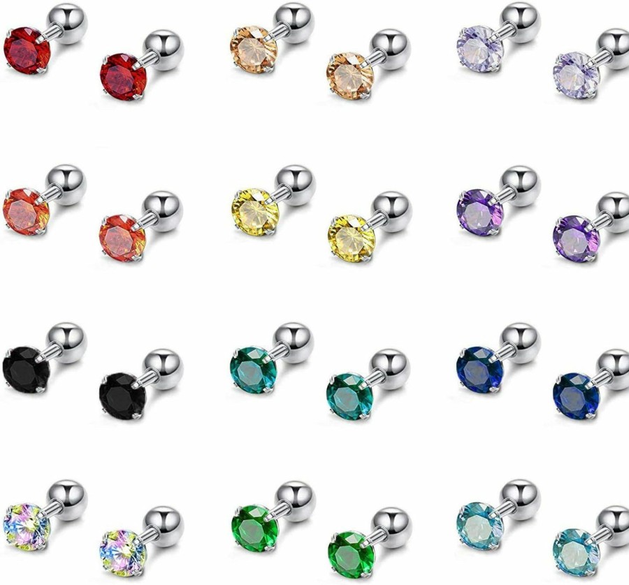 ZS Body Piercing Studs | Zs 12 Pairs Cz Ear Stud Mixed Colors Cartilage Earrings Set Stainless Steel Barbell Studs Earrings Helix Tragus Piercing