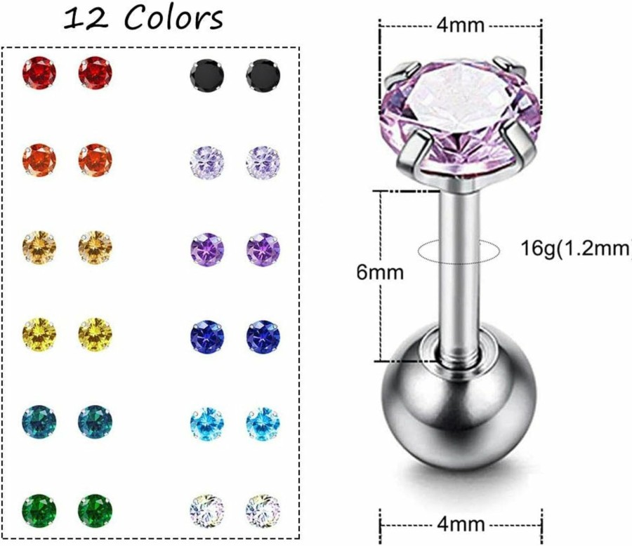 ZS Body Piercing Studs | Zs 12 Pairs Cz Ear Stud Mixed Colors Cartilage Earrings Set Stainless Steel Barbell Studs Earrings Helix Tragus Piercing