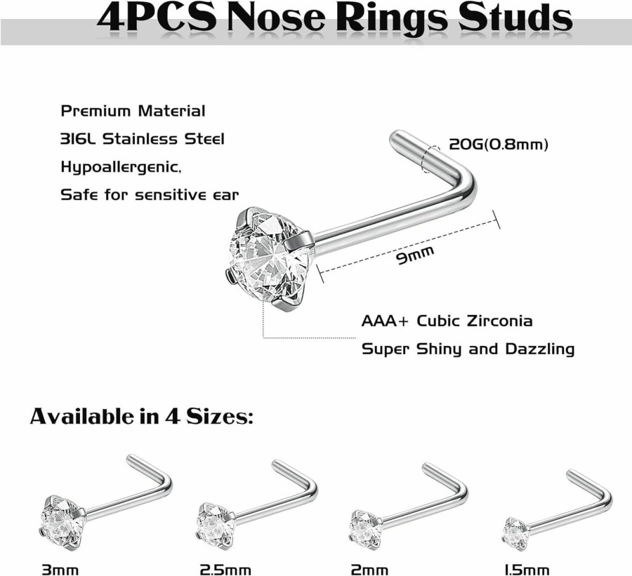 Jstyle Body Piercing Studs | Jstyle 20G 4Pcs Stainless Steel Nose Rings Studs L-Shape Piercing Body Jewelry 1.5Mm 2Mm 2.5Mm 3Mm