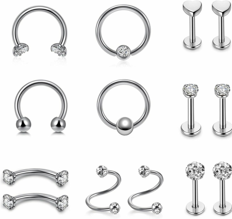 PiercingJ Body Piercing Studs | Piercingj 16G Stainless Steel Helix Cartilage Tragus Stud Earring Hoops For Women Grils Cz Barbell Piercing Earrings Stud Body Piercing Jewelry 14Pcs