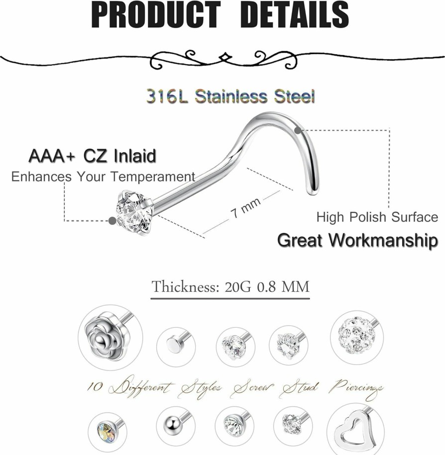 FIBO STEEL Body Piercing Studs | Fibo Steel 10-30Pcs 20G Stainless Steel Nose Ring Studs Body Jewelry Piercing Cz Inlaid 1.5Mm-3.5Mm