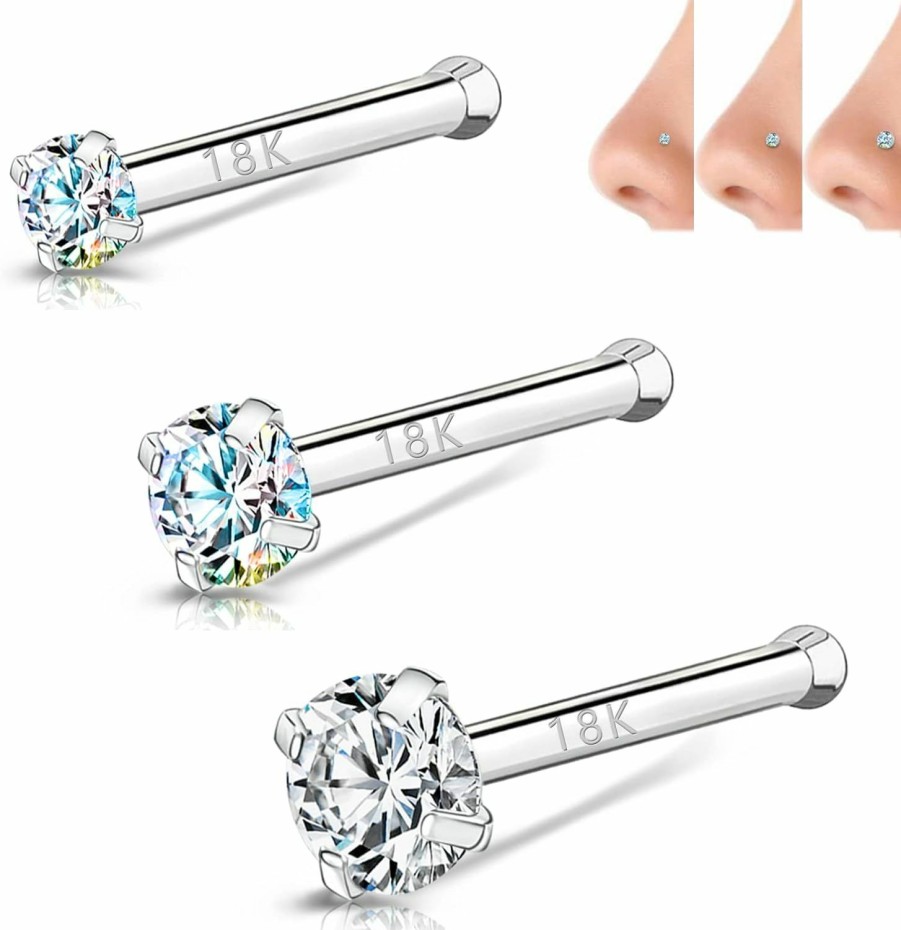 BodyAce Body Piercing Studs | Bodyace 18K White Gold Nose Rings For Women Men, 20G Real Solid 18K Nose Rings Studs, Simulated Diamond Nose Piercing Jewelry 1.5Mm 2Mm 3Mm