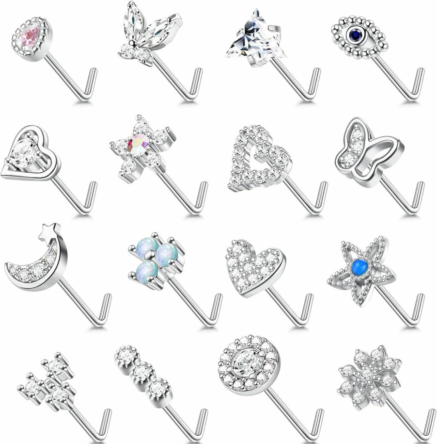 YADOCA Body Piercing Studs | Yadoca 16 Pcs 20G Nose Studs Surgical Steel L Shaped Nose Rings Studs For Women Opal Cz Heart Butterfly Nose Piercing Jewelry Silver Rose Gold