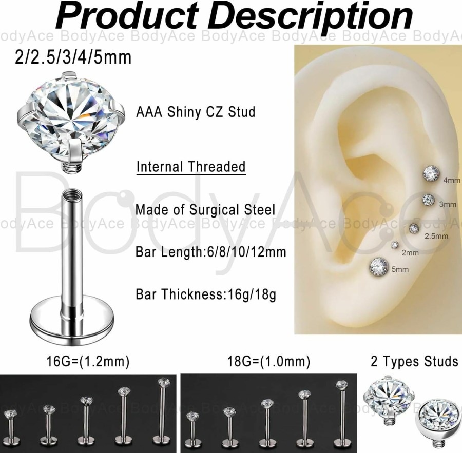 BodyAce Body Piercing Studs | Bodyace 16G 18G Internal Thread Lip Rings, Surgical Steel Labret Studs Flat Back Earrings, Cz Nose Rings Studs Piercing Jewelry For Medusa/Monroe/Tragus/Helix/Cartilage