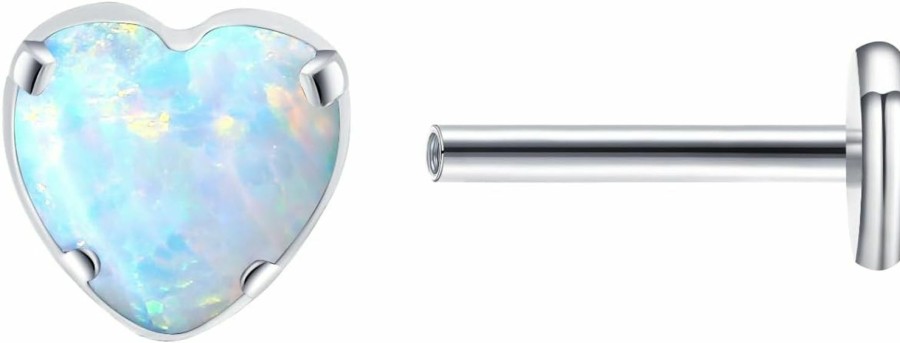 VOJO Body Piercing Studs | Vojo G23 Titanium 18G Flat Back Earring Stud Heart Shaped Opal Cartilage Helix Tragus Piercing Jewelry