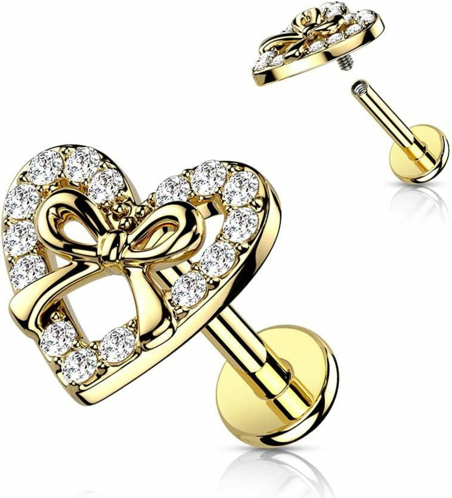 Dynamique Galerie Body Piercing Studs | Dynamique Cz Paved Heart With Ribbon Center Top On Internally Threaded 316L Surgical Steel Flat Back Stud For Labret, Monroe, Cartilage (Sold Per Piece)